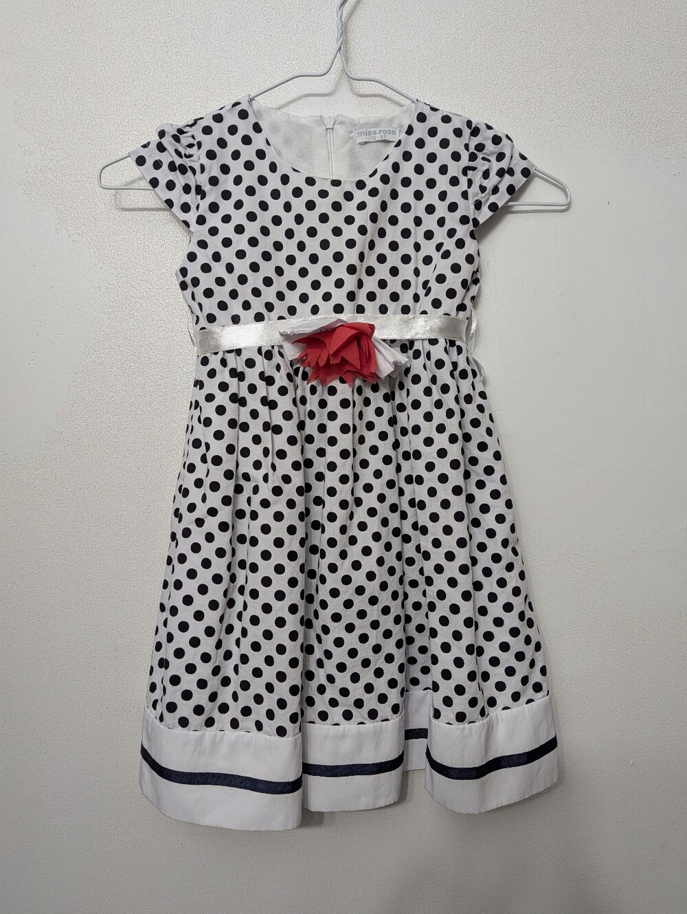 Polka Dot Satin Belt Flower Dress - White & Black Miss Rose 6 Years